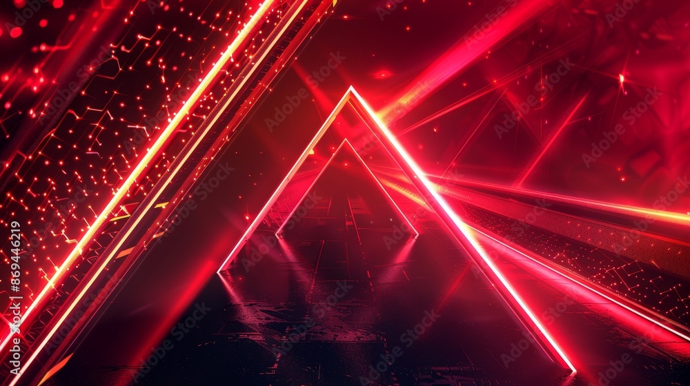 Poster a 3d virtual triangle perspective background with red neon light arrow speed. a futuristic glow tech