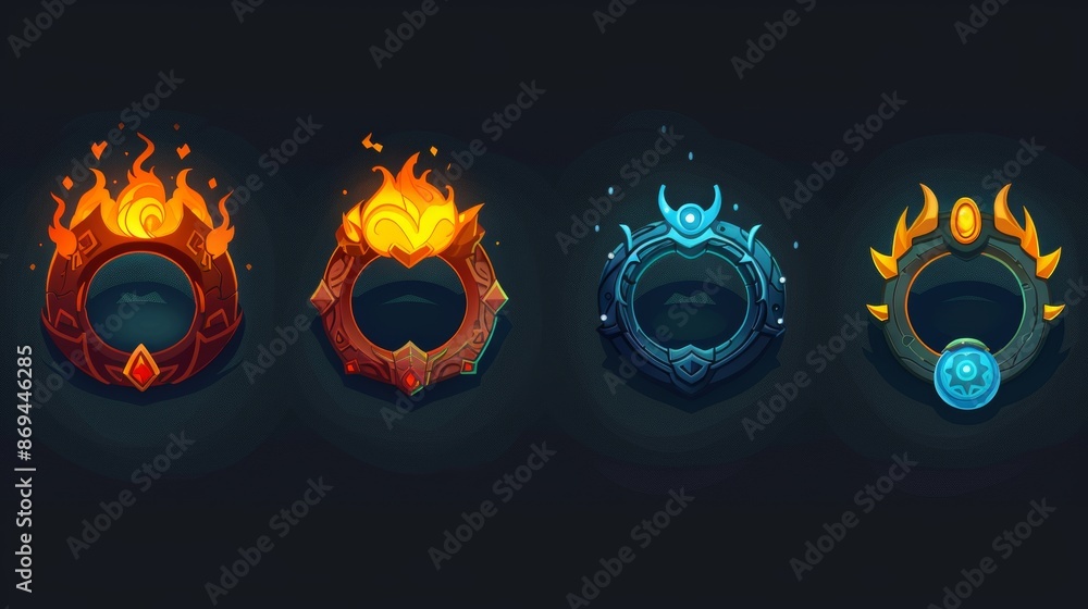 Poster silver and wooden circular royal rpg menu asset kit with a rank avatar frame and fantasy game ui ico