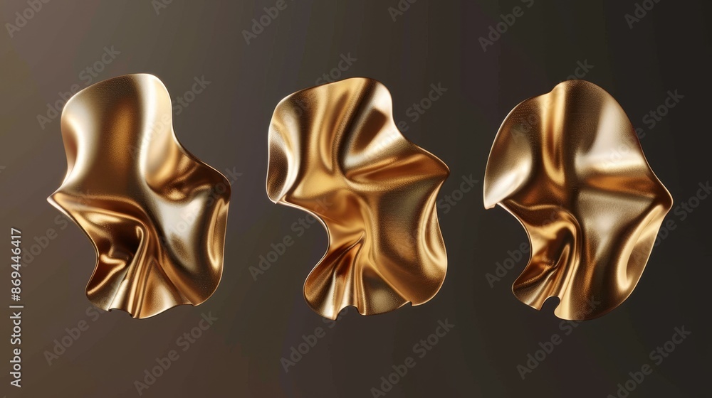 Poster abstract gold liquid shape. metal fluid object design. chocolate aesthetic blob set with reflection.