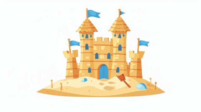 recommend clip art: Modern cartoon beach sandcastle. Cute sand castle icon isolated on white background. Kid builds palaces for princesses with shovels and blue flags.
