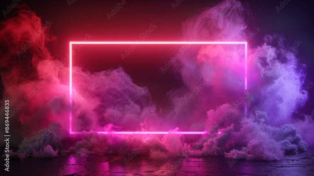 Poster luminescent neon futuristic door frame with fog. illustration of a glowing, gradient led rectangular