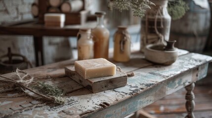 Rustic Soap and Bottles on Vintage Table