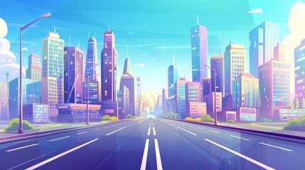 Fototapeta premium Modern cartoon illustration of a city highway with skyscrapers and high-rise buildings, birds flying high in blue skies with clouds, and a blank sign.
