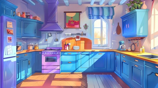 Home kitchen interior design cartoon. All-white dining room with blue wood and glass furnishings, kitchenware on shelf, modern fridge and oven, daylight through window, flower pot on the floor.
