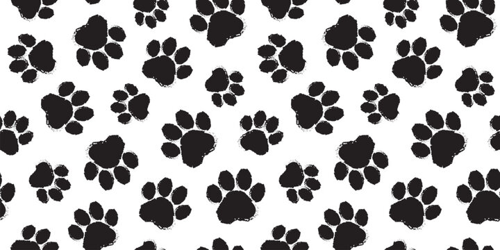 Paw print seamless pattern, cat, dog foot, animal sketch background. Animal step texture. Bear, panda, tiger grunge stamp repeat foot track wallpaper. Cartoon monochrome bg. Black vector illustration