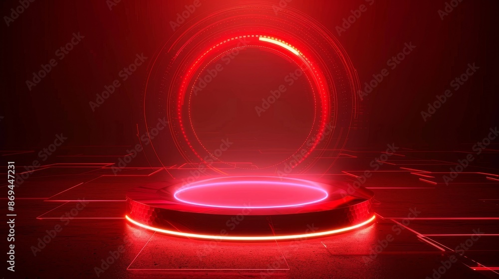 Poster a red light game circle portal with hologram effect. a ui with a teleport podium that has a magic gl