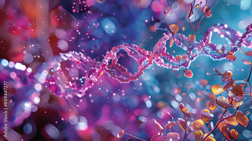 Poster captivating dna strands intertwined with molecular structures in vibrant abstract design