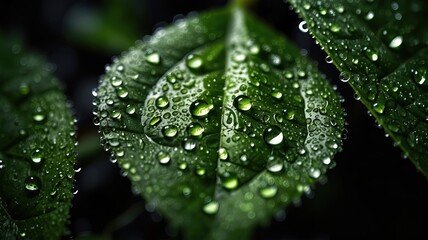 green macro leaf raindrops on fresh green leaves on a background 