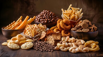 Assortment of Popular Snacks High in Trans Fats and Calories for Indulgent Comfort Food Photography