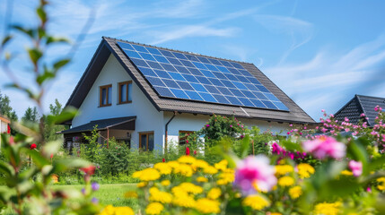 Solar Panel Farm on a roof of a hause is one of Types of Renewable clean Energy on a Sunny Day
