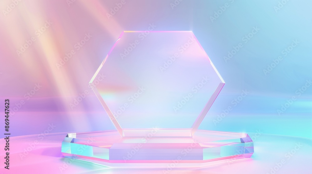 Poster a transparent hexagon product podium on abstract holographic background with light flash effect. a m