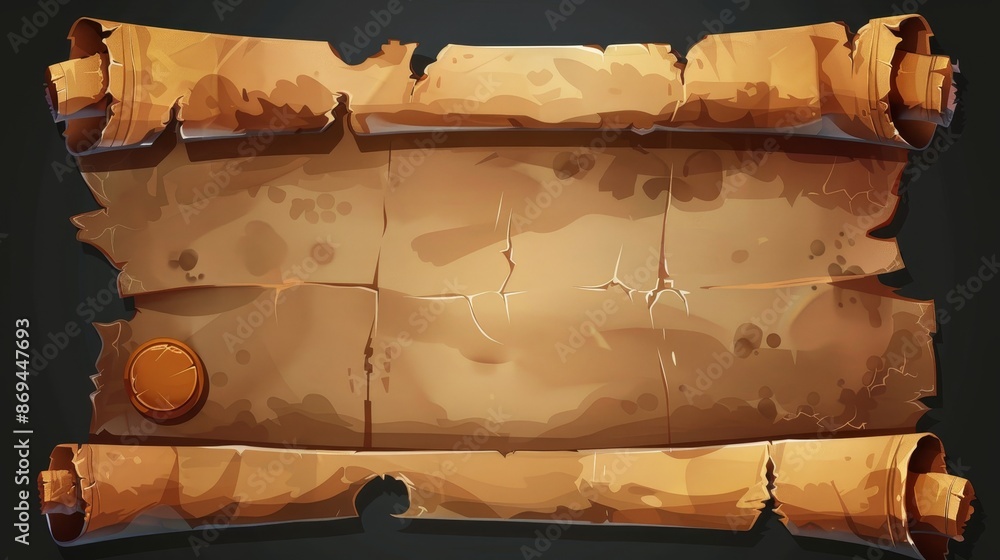 Poster an old magic parchment paper scroll game icon. an ancient medieval papyrus roll frame for fantasy fa