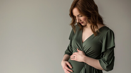 A pregnant woman in a green dress poses, holding her hands on her belly, standing against a neutral background.
