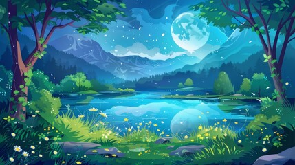 Fototapeta premium Water pond in forest night cartoon background with trees, grass, and flowers against a mountain range in moonlight. A night fantasy natural scene with fireflies against a landscape of trees and