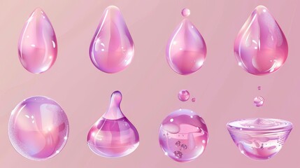 Isolated pink serum drops set on transparent background. Modern realistic illustration of abstract gel bubbles, collagen essence droplets, cosmetic swatches, and moisture lotion smears.