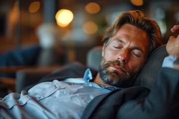 Obraz premium Man Sleeping in a Chair With Closed Eyes and a Beard