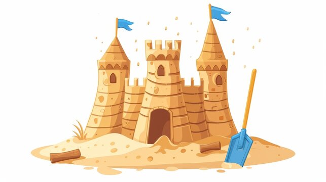 recommend clip art: Beach sand castle cartoon modern. Cute sand castle sculpture drawing icon isolated on white background. Kid makes a castle for princess using a shovel and blue flag.