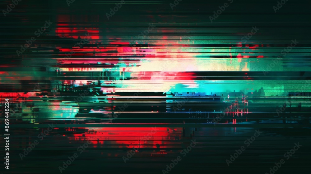 Fototapete Digital noise effects on vhs background. Static pixel error overlay on video. Abstract tape rewind hologram with damaged grain and scratch lines. Green, blue and red graphic patterns.