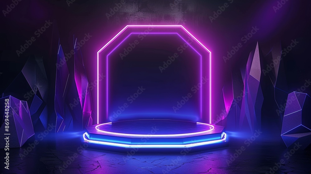 Poster 3d realistic 3d goods display platform for game design. floating in air futuristic showcase stage in
