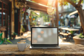 Fototapeta premium Laptop and Coffee Cup on Wooden Table with Blurred Cafe Background