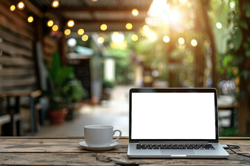 Fototapeta premium Laptop and Coffee on a Wooden Table in a Cafe