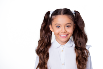 First grade schoolkid. Portrait of nice cute cheerful positive latin ethnicity girl with curly pigtails in white formal shirt. Copy-space, isolated over grey background