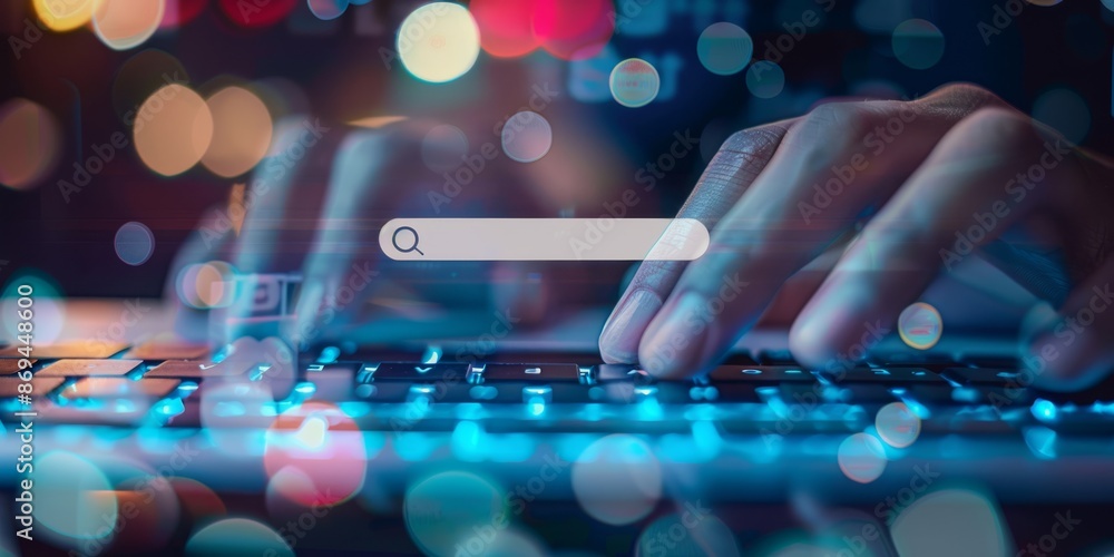 Poster detailed view of hands typing on a keyboard with a search bar overlay and colorful bokeh background