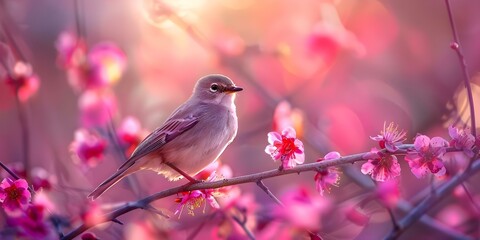 Fototapeta premium Bird perched on branch with pink and purple flowers in foreground. Concept Bird Photography, Nature, Floral, Wildlife, Serene Beauty