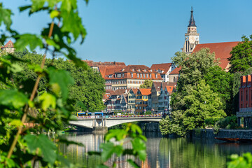 Obraz premium Riverside view of the old town of Tübingen in Germany in summer