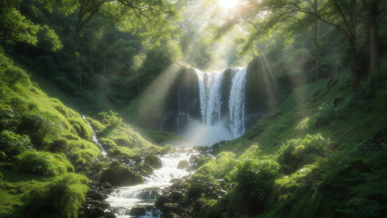 A lush green forest with a large waterfall cascading down a cliff, with sunlight streaming through the trees