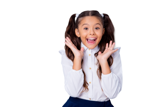 New school year! Nice cute tender cheerful adorable lovely stylish crazy girl with curly ponytails in white formal blouse and skirt, showing wow gesture. Isolated over grey background