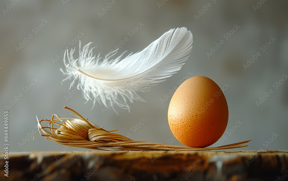 Poster a feather and an egg are on a wooden surface. concept of fragility and delicacy, as the feather and 
