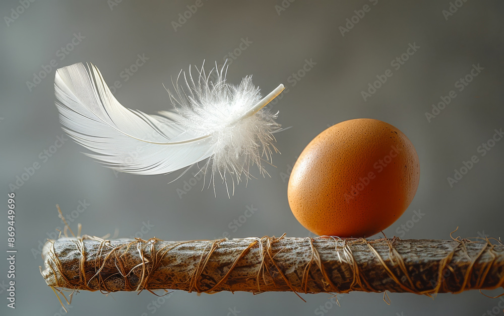 Poster a feather and an egg are on a stick. concept of balance and harmony between the two objects