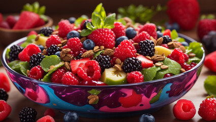 A bowl of salad with mixed berries, walnuts, and greens. There's a glass of juice and lemon wedges nearby
