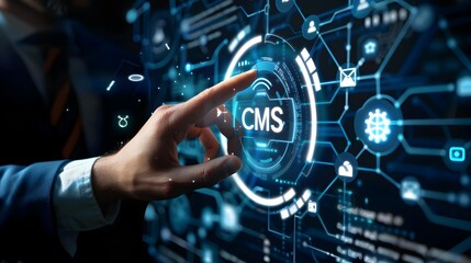 Fototapeta premium A businessman is touching the 'CMS' icon, representing global technological networking