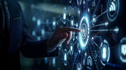 A businessman is touching the 'CMS' icon, representing global technological networking