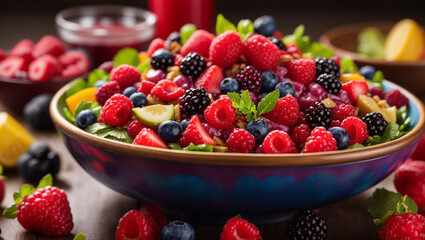 A bowl of salad with mixed berries, walnuts, and greens. There's a glass of juice and lemon wedges nearby