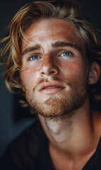 Fototapeta premium Photo of a man, close up. Tan skin and blond hair, blue eyes