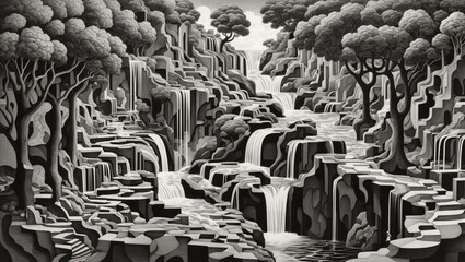 It's a black and white drawing of a waterfall cascading through a lush forest.