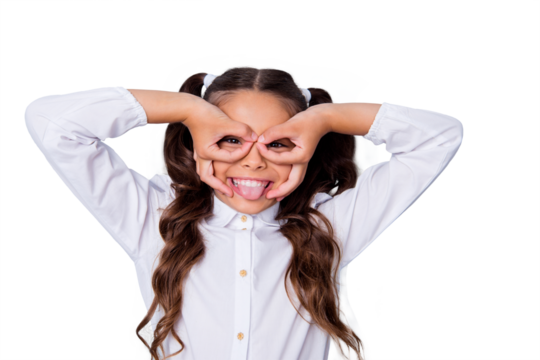 Portrait of nice cute cheerful adorable lovely stylish girl with curly pigtails in white blouse shirt, showing ok-signs like eyewear. Isolated over grey background
