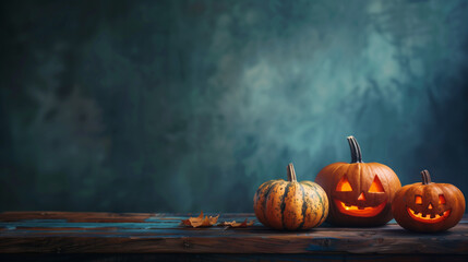 
Happy Halloween! Pumpkins on wooden table on dark background.Copy space.