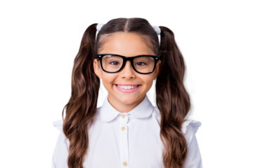 Close-up portrait of nice cute smart cheerful adorable lovely stylish girl with two curly ponytails in white formal blouse shirt, wearing glasses. Isolated over grey background