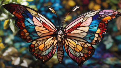 It's a stained glass butterfly, with colorful wings, against a background of blue and yellow stained glass