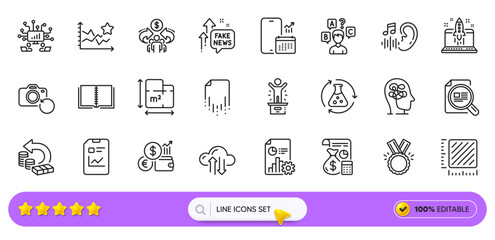 Cash back, Fake news and Report document line icons for web app. Pack of Start business, Recovery photo, Floor plan pictogram icons. Stress, Report, Teamwork signs. Currency rate. Search bar. Vector
