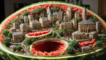 A miniature village is nestled inside a hollowed-out watermelon. There are small houses, trees, and people