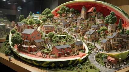 A miniature village is nestled inside a hollowed-out watermelon. There are small houses, trees, and people
