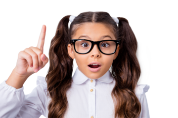 Close-up portrait of nice cute minded funny adorable lovely stylish small little girl with curly pigtails in white formal blouse shirt, wearing glasses, pointing up. Isolated over grey background