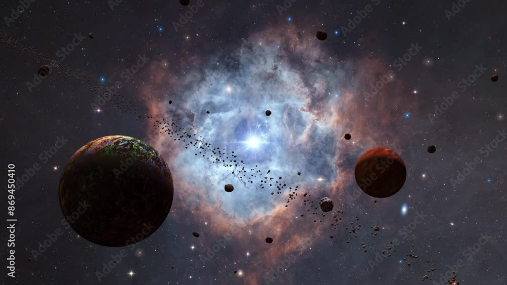 Poster space exploration through star information outer space towards rosette nebula galaxy. animation of f