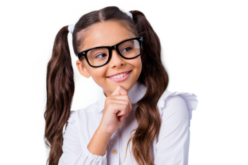Close-up portrait of nice cute positive curious funny cheerful adorable lovely stylish small little girl with two curly pigtails in white blouse shirt, wearing glasses. Isolated over grey background