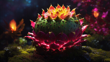 The image shows a large, vibrant, pink dragon fruit with a smaller, unripe one behind it. Both are sitting on a bed of green moss
